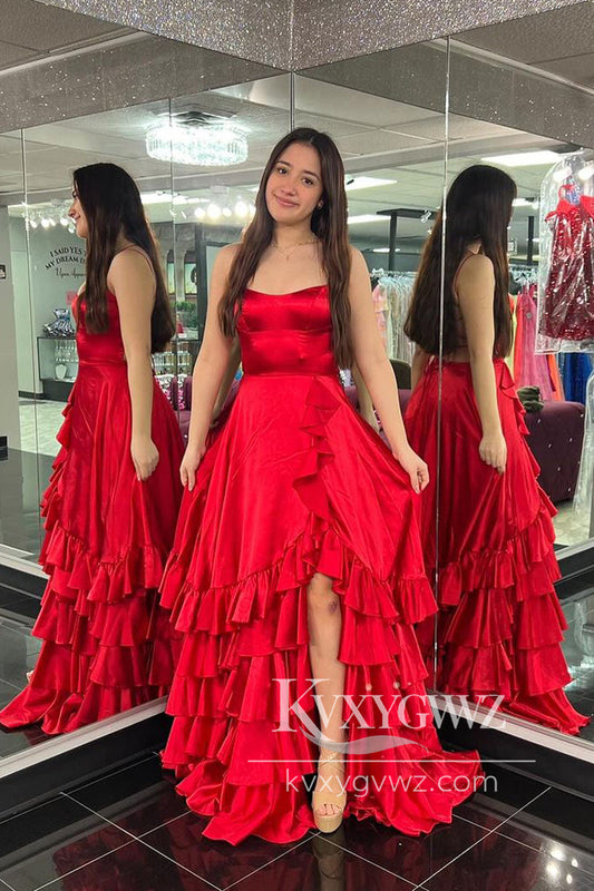 Spaghetti Strap Evening Gown Red Scoop Neck Ruffle Tiered Satin A-Line Long Prom Dress LF1122
