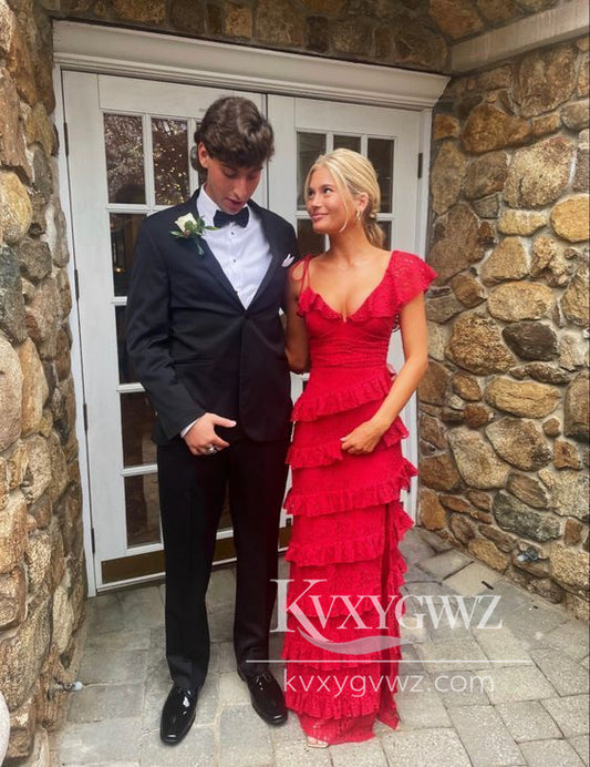 Stunning Sheath V Neck Evening Gown Red Lace Tiered Prom Dress with Slit LF1123