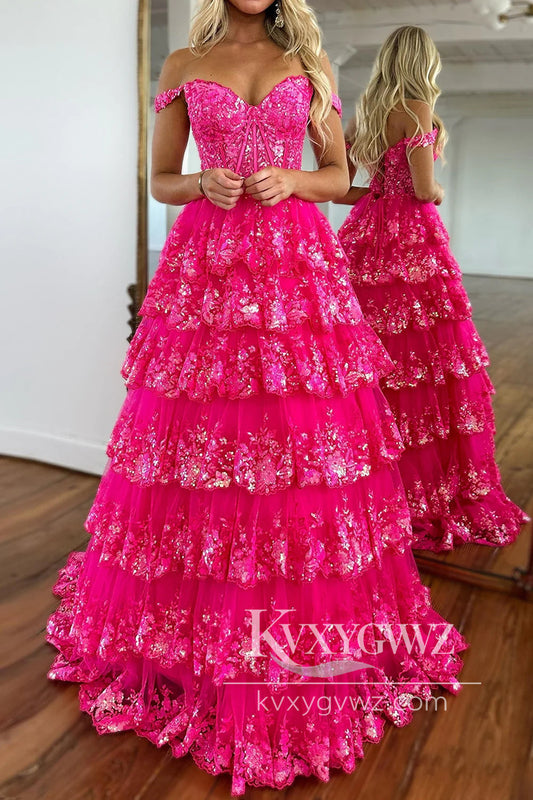Princess Ball Gown Hot Pink Evening Gown Off the Shoulder Long Prom Dress LF1127