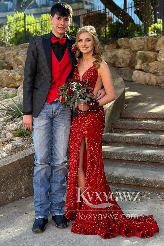 Red Sequin Sheer Mesh Evening Gown Mermaid Long Formal Prom Dress with Slit LF1128