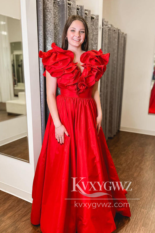 Red Ruffle V Neck Evening Gown Satin A-Line Handmade Flower Long Prom Dress LF1130