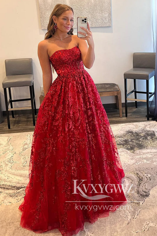 Red A-Line Evening Gown Strapless Sequin Lace Prom Dress LF1131