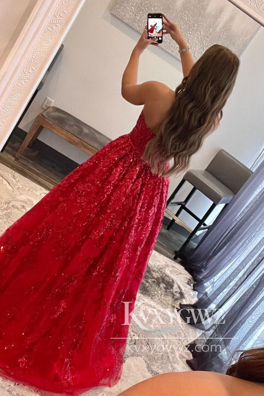 Red A-Line Evening Gown Strapless Sequin Lace Prom Dress LF1131