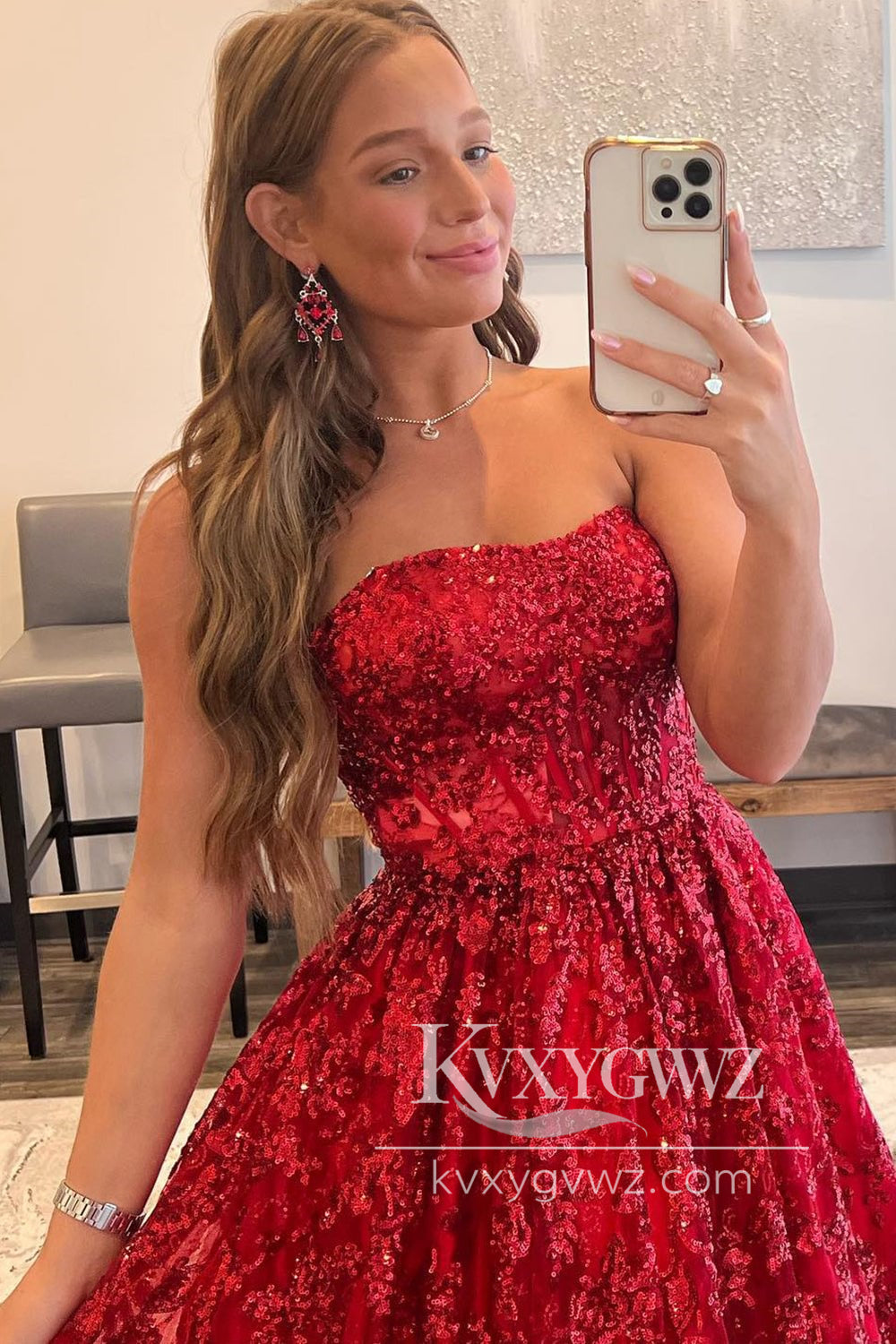 Red A-Line Evening Gown Strapless Sequin Lace Prom Dress LF1131