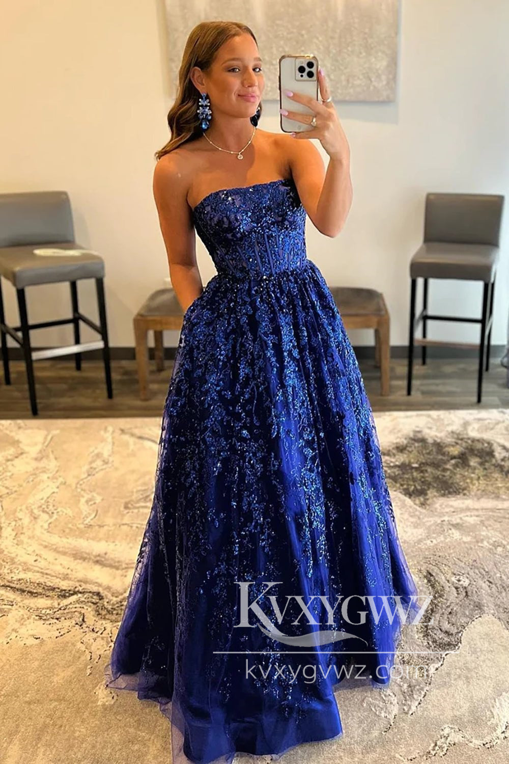 Red A-Line Evening Gown Strapless Sequin Lace Prom Dress LF1131