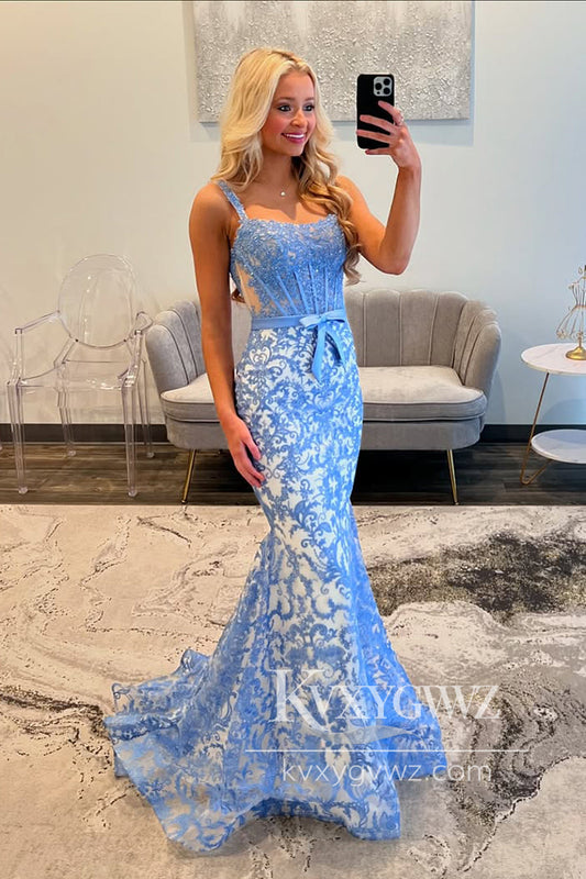 Dazzling Mermaid Evening Gown Scoop Neck Blue Lace Prom Dress LF1132