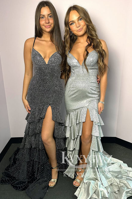 Conspicuous Mermaid Evening Gown V Neck Black Slit Prom Dress with Hot Stone Beading LF1133