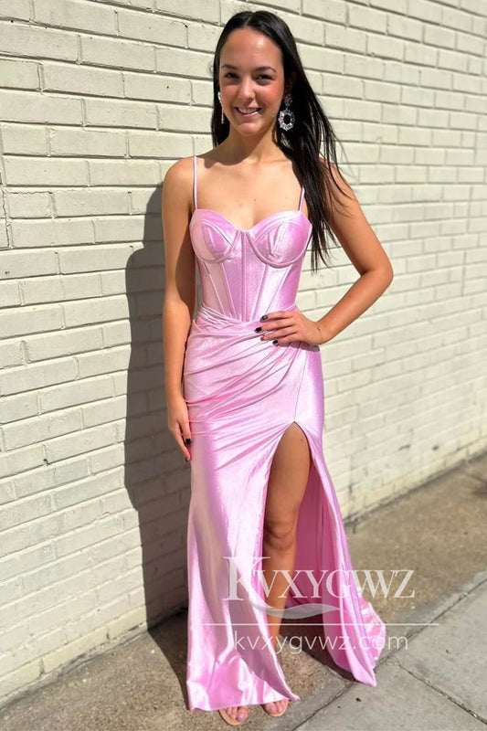 Pink Corset Spaghetti Strap Evening Gown Mermaid Long Formal Prom Dress with Slit LF1134
