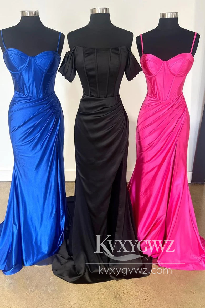 Pink Corset Spaghetti Strap Evening Gown Mermaid Long Formal Prom Dress with Slit LF1134