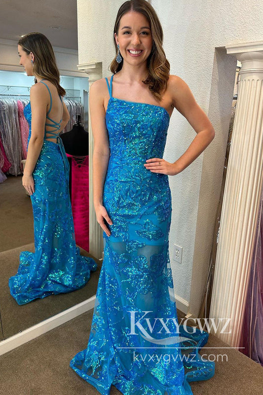 One Shoulder Sequin Lace Evening Gown Mermaid Sweep Train Long Prom Dress LF1135