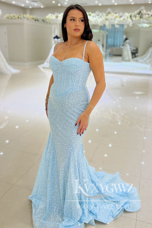 Conspicuous Mermaid Sweetheart Sky Blue Sequins Long Prom Dress Gown LF1136