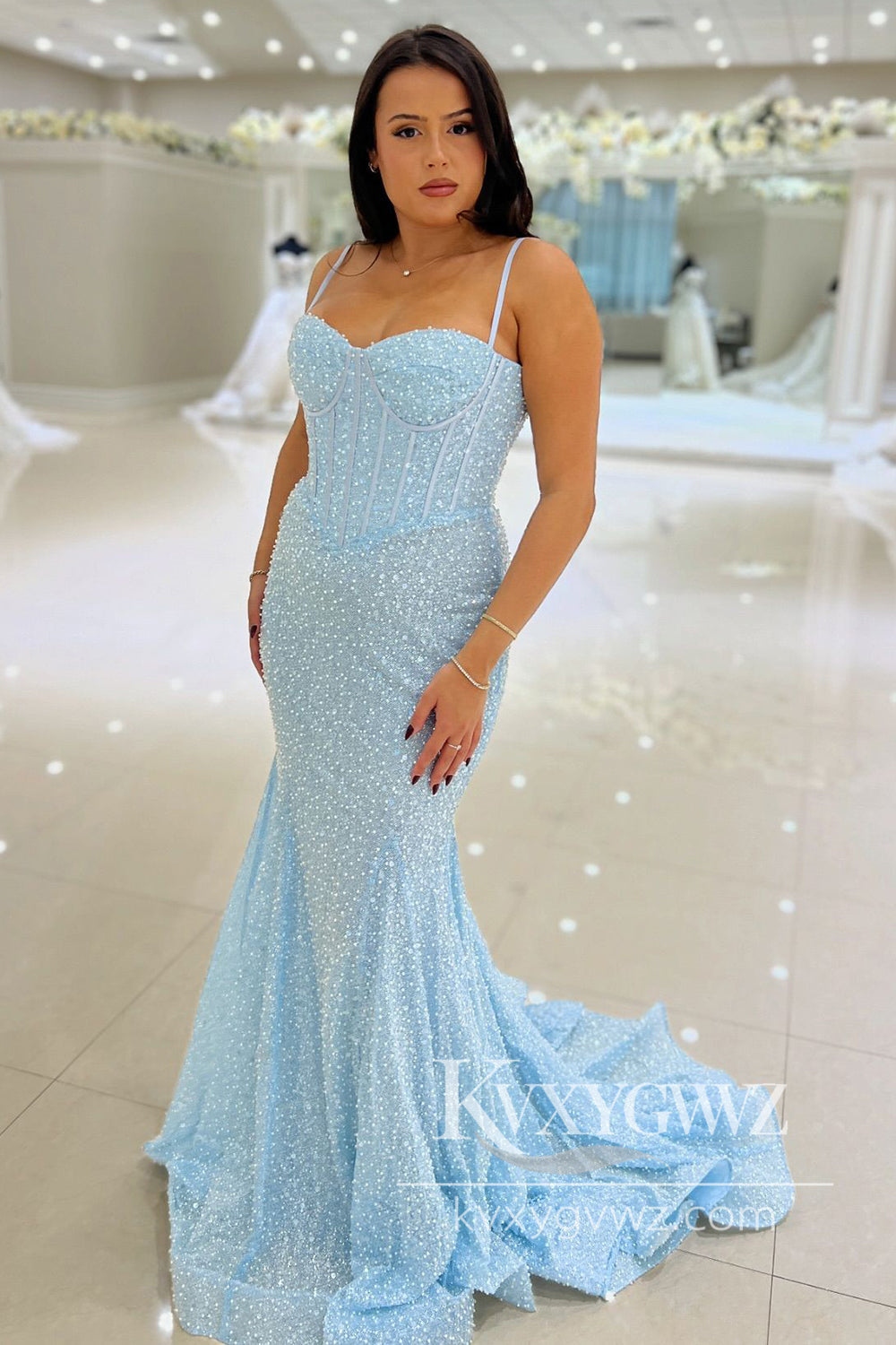 Conspicuous Mermaid Sweetheart Sky Blue Sequins Long Prom Dress Gown LF1136