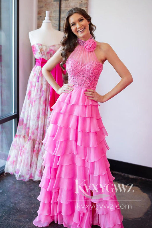 Pink Halter Evening Gown Tiered Chiffon Long Prom Dress with Appliques LF1141