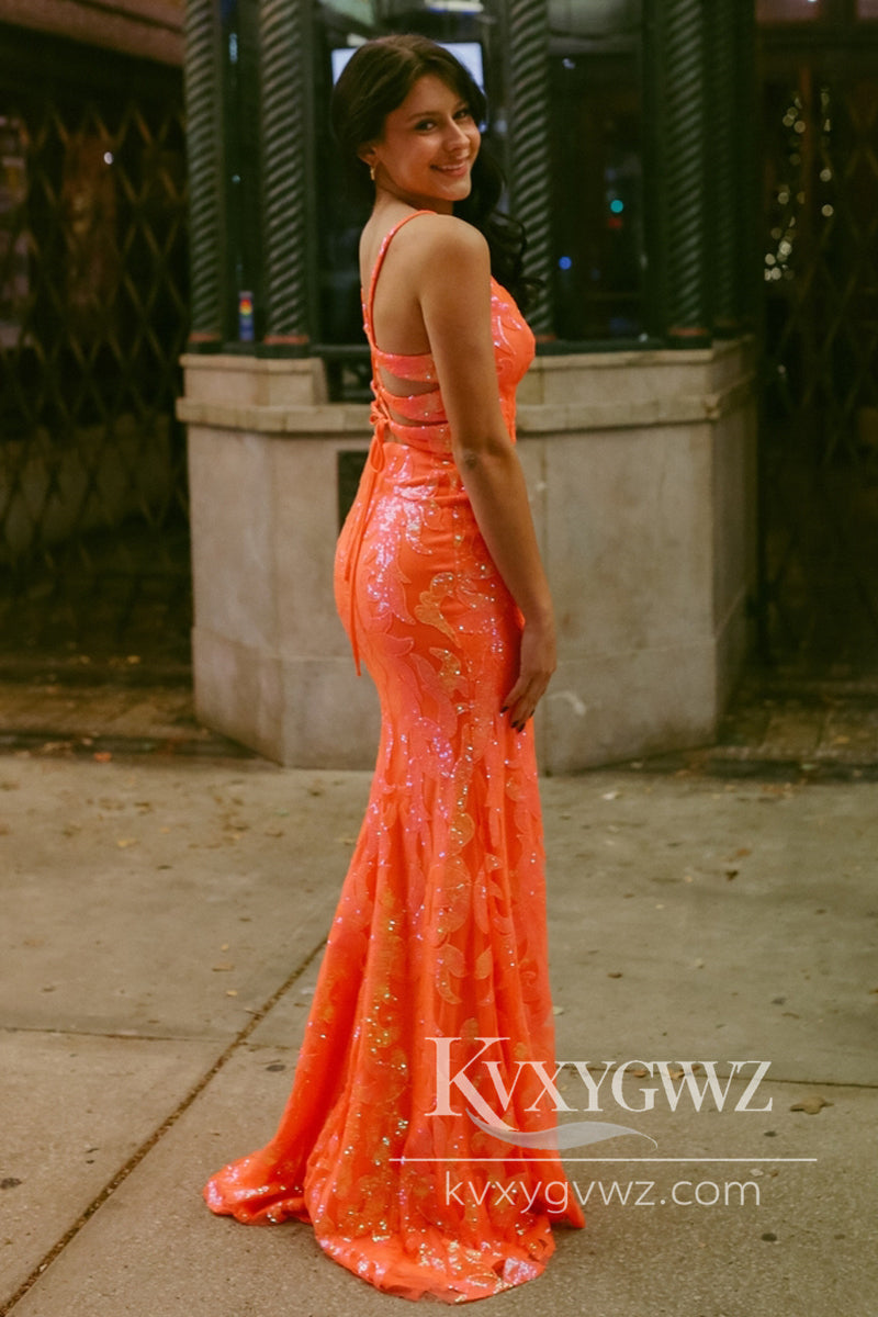 Orange V Neck Evening Gown Sequins Mermaid Long Prom Dress With Silt LF1142