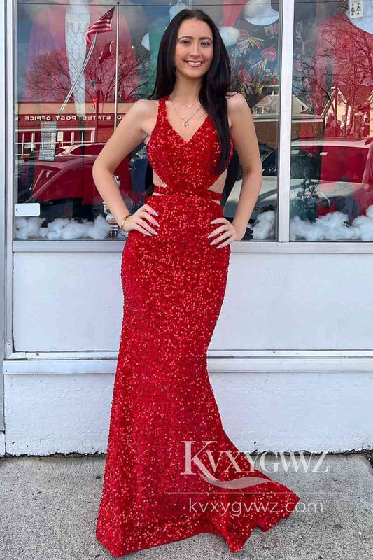 Red Mermaid V Neck Evening Gown Sequins Backless Long Prom Dress LF1144