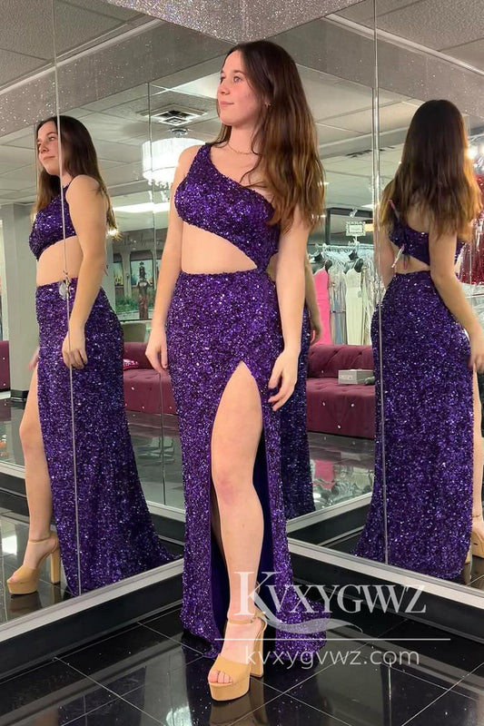 Purple One Shoulder Evening Gown Cutout Sequin Mermaid Long Prom Dress LF1145