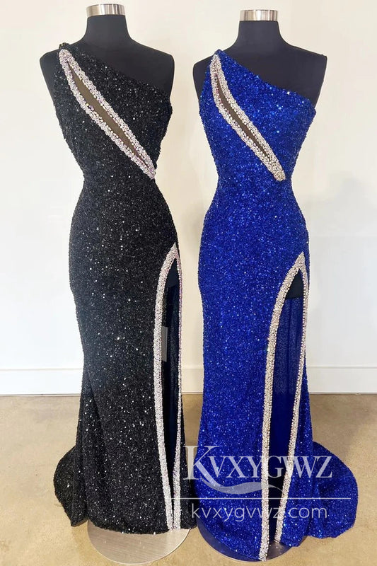 One-Shoulder Evening Gown Sequin Rhinestone Keyhole Long Prom Dress with Slit LF1146