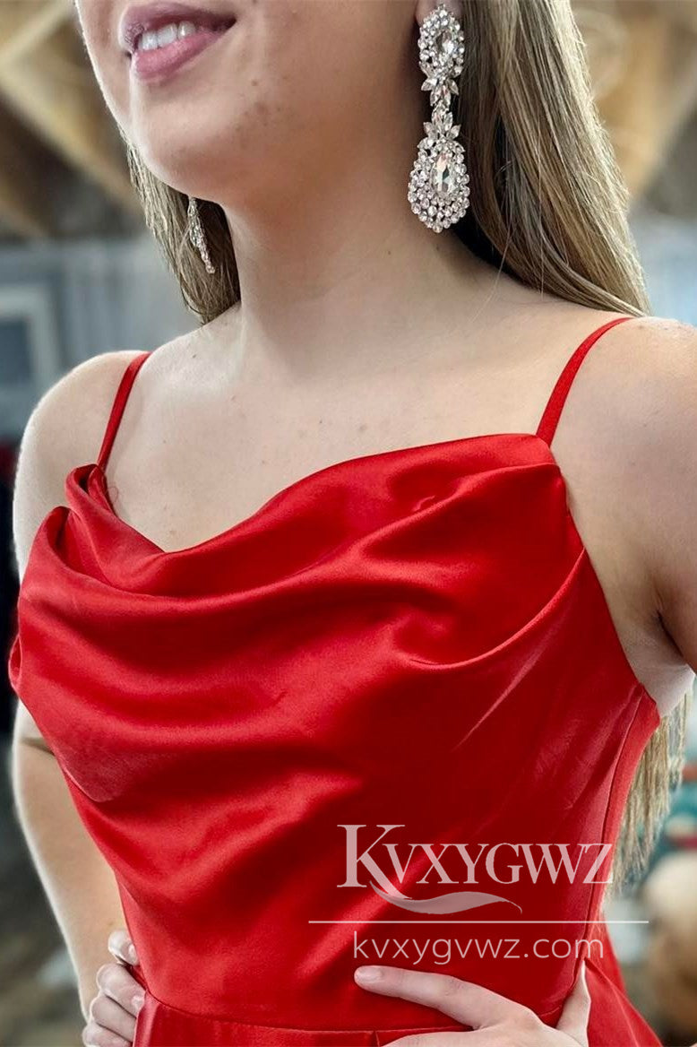 Red Cowl Neck Spaghetti Strap Evening Gown A-Line Long Prom Dress With Sweep Train LF1147