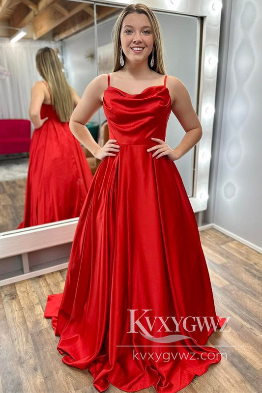 Red Cowl Neck Spaghetti Strap Evening Gown A-Line Long Prom Dress With Sweep Train LF1147
