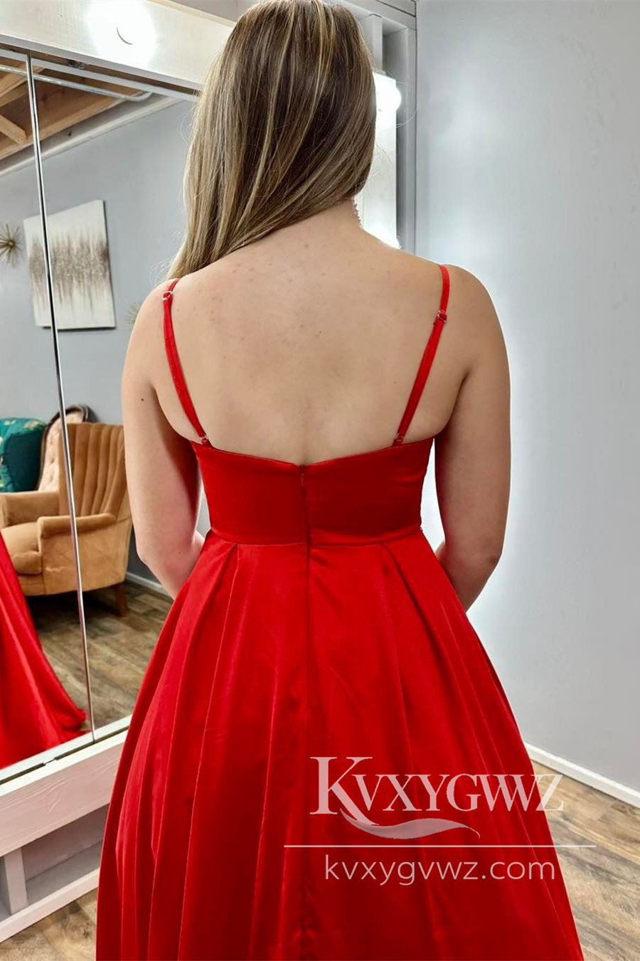 Red Cowl Neck Spaghetti Strap Evening Gown A-Line Long Prom Dress With Sweep Train LF1147