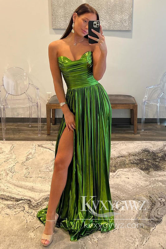 Fashion A Line Strapless Evening Gown Metallic Satin Pleated Prom Dress with Slit LF1149