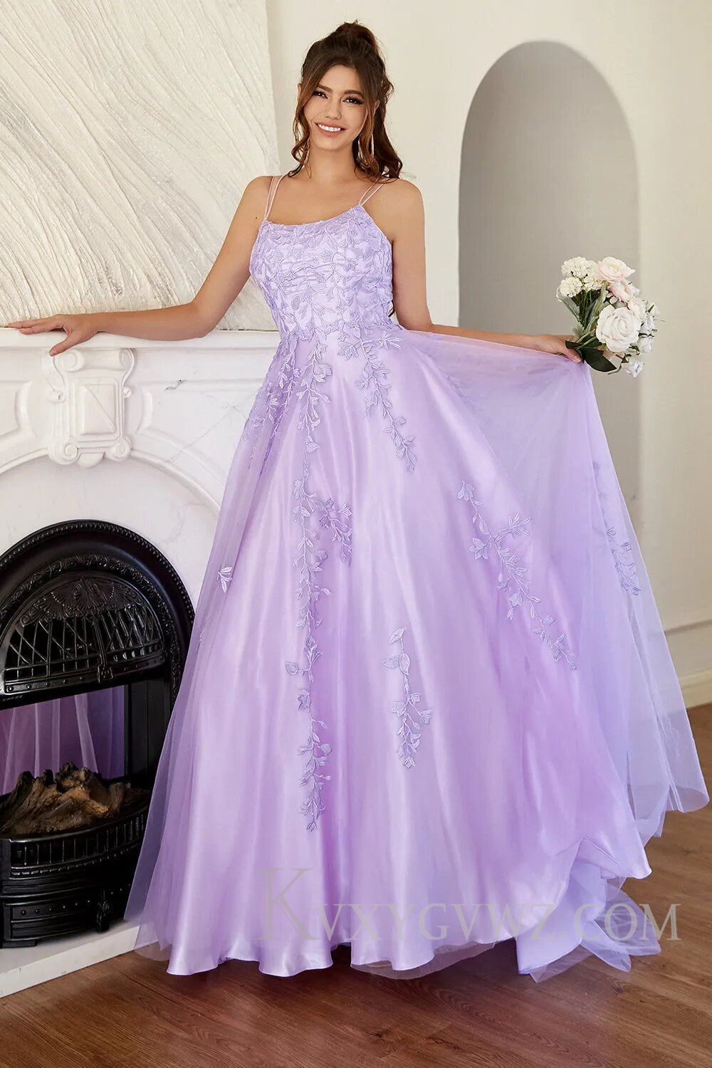 Red Spaghetti Straps Long Prom Dress with Appliques LF115