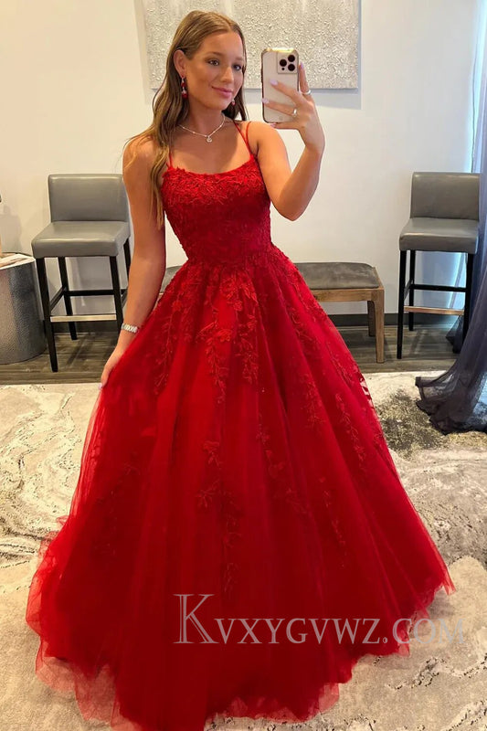 Red Spaghetti Straps Long Prom Dress with Appliques LF115