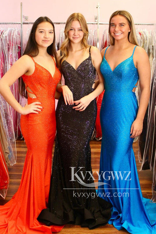 Orange V Neck Evening Gown Satin Beaded Sweep Train Mermaid Long Prom Dress LF1151