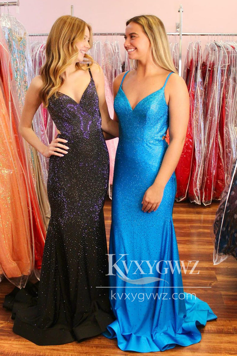Orange V Neck Evening Gown Satin Beaded Sweep Train Mermaid Long Prom Dress LF1151