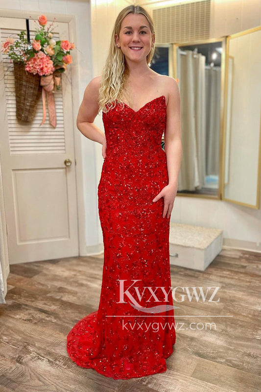 Red Deep V-neck Sequin Lace Evening Gown Mermaid Sweep Train Long Prom Dress LF1152