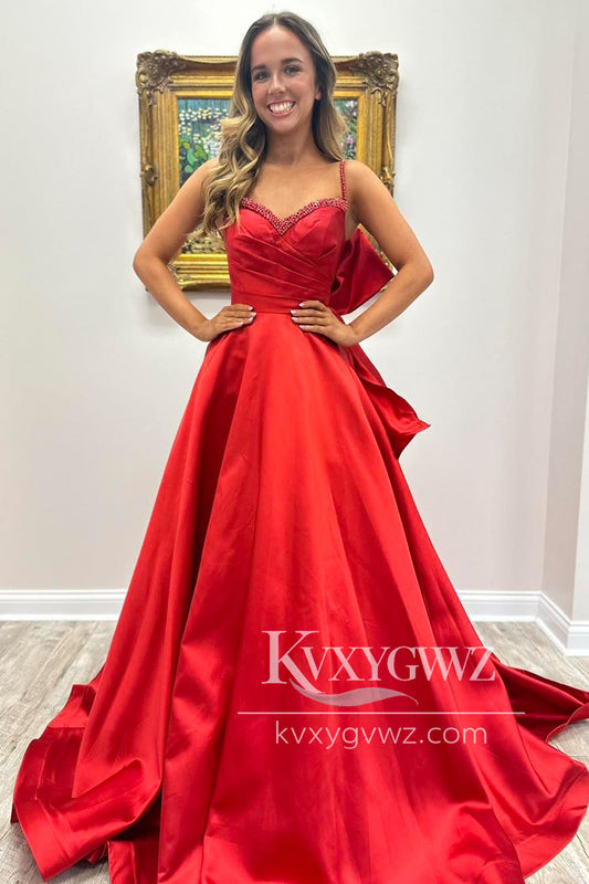 Red Sweetheart Satin Evening Gown A-Line Long Prom Dress with Beadings LF1154