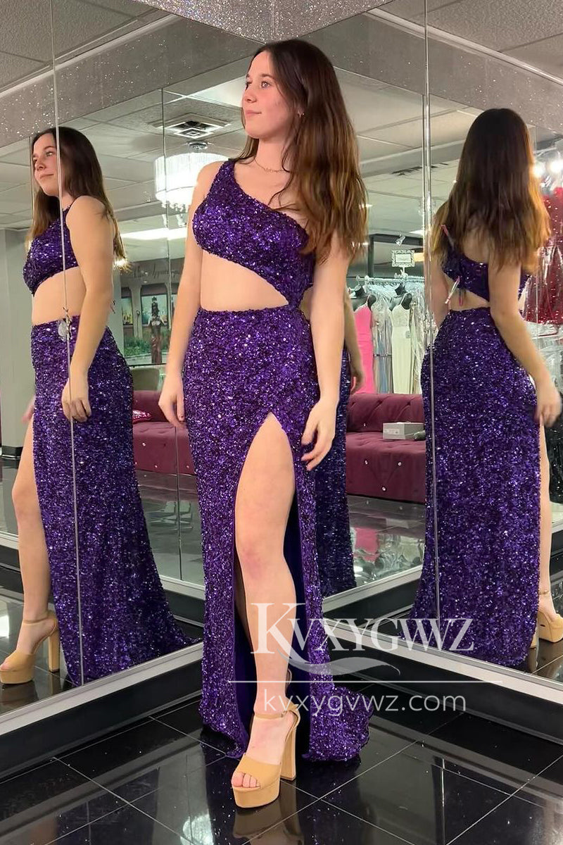 Purple One Shoulder Evening Gown Sequins Mermaid Long Prom Dress LF1155