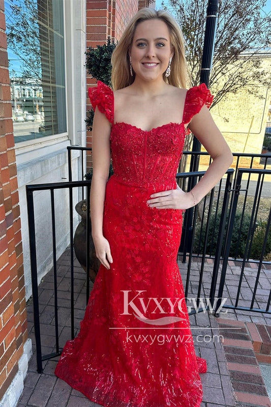 Red Floral Lace Evening Gown Sweetheart Mermaid Long Prom Dress LF1156