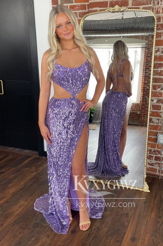 Purple Scoop Neck Sequins Evening Gown Mermaid Long Prom Dress with Slit LF1157
