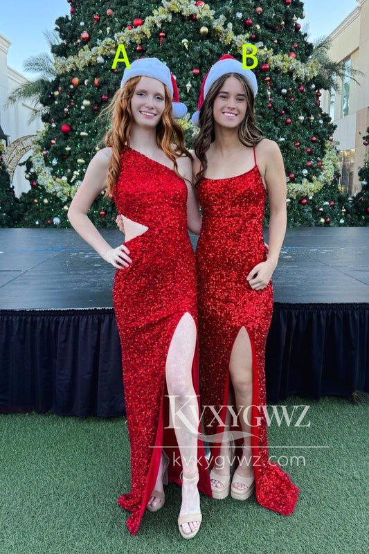 Red Scoop Neck Sequins Evening Gown Mermaid Sweep Train Long Prom Dress LF1158