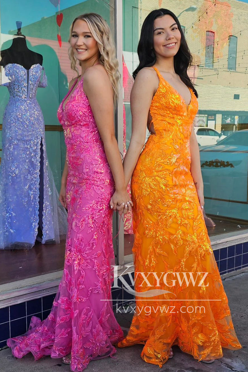 Orange V Neck Sequin Lace Evening Gown Mermaid Sweep Train Long Prom Dress LF1159