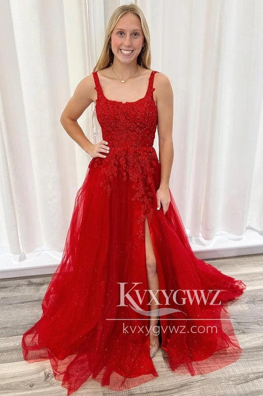 Red Appliques Square Neck Evening Gown Lace-Up A-Line Long Prom Dress LF1160