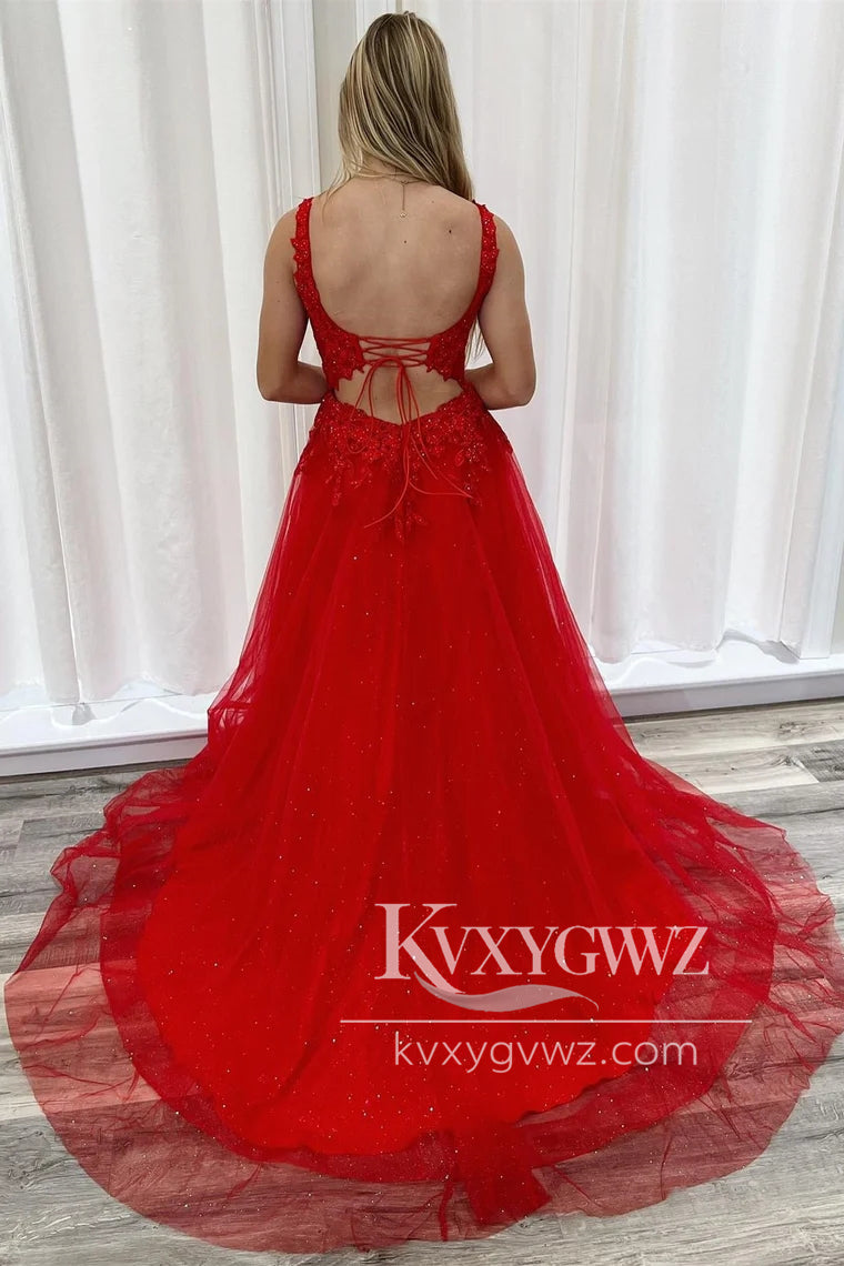Red Appliques Square Neck Evening Gown Lace-Up A-Line Long Prom Dress LF1160