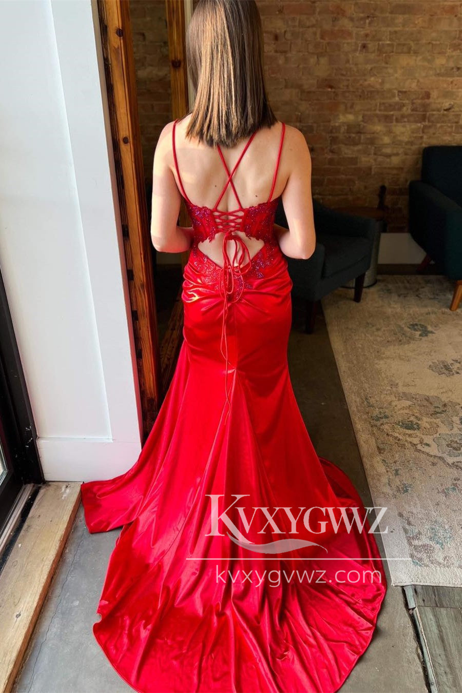 Red Appliques Lace-Up Evening Gown Mermaid Long Formal Prom Dress with Slit LF1161