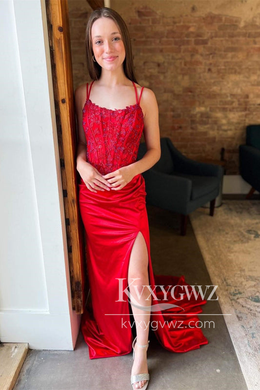 Red Appliques Lace-Up Evening Gown Mermaid Long Formal Prom Dress with Slit LF1161