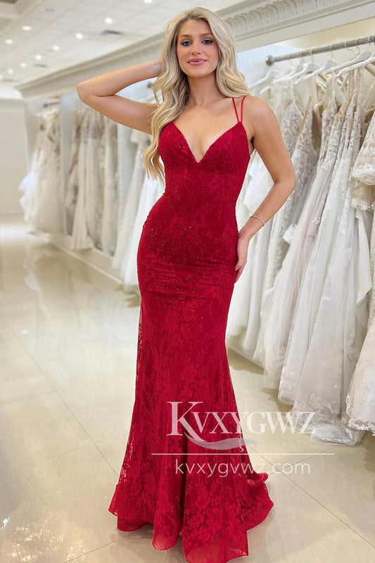 Spaghetti Strap Red Lace Evening Gown V Neck Mermaid Sweep Train Prom Dress LF1162