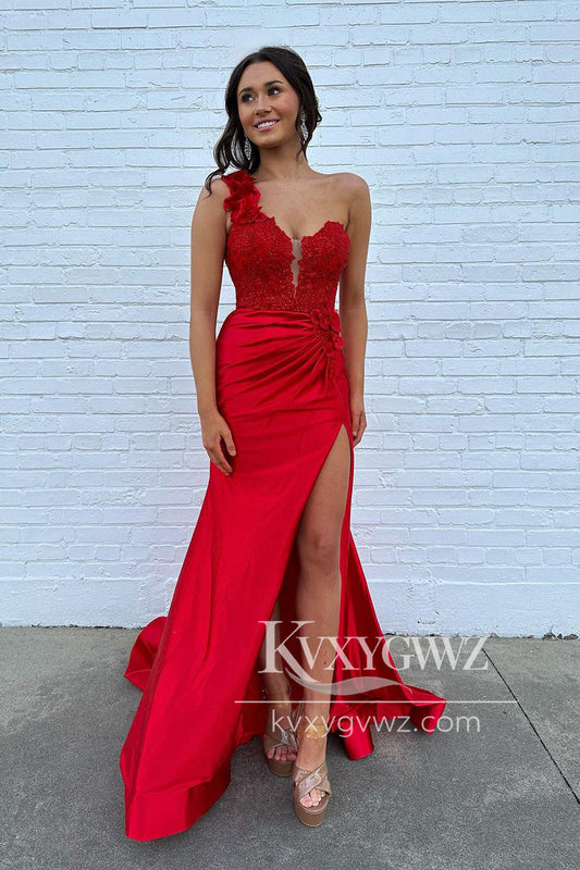 Red One Shoulder Satin Evening Gown Mermaid Long Prom Dress with Slit LF1163