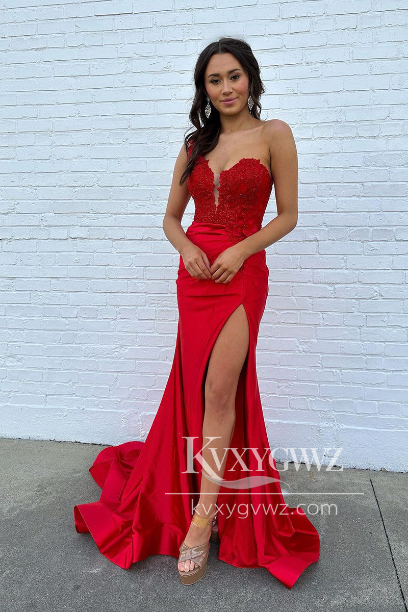Red One Shoulder Satin Evening Gown Mermaid Long Prom Dress with Slit LF1163