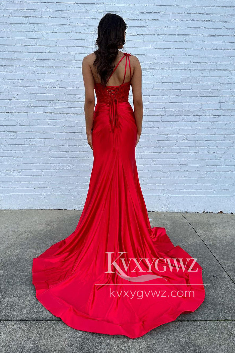Red One Shoulder Satin Evening Gown Mermaid Long Prom Dress with Slit LF1163