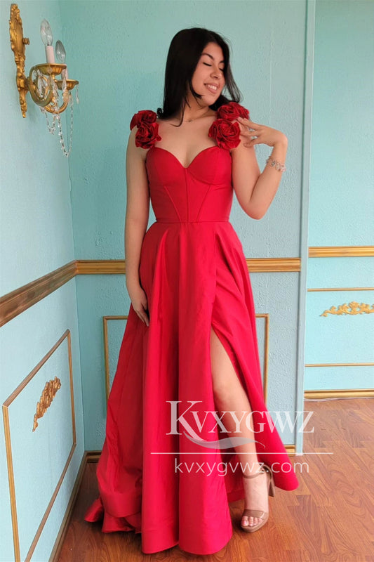 Red Floral Straps Sweetheart Evening Gown A-line Satin Long Prom Dress with Slit LF1164