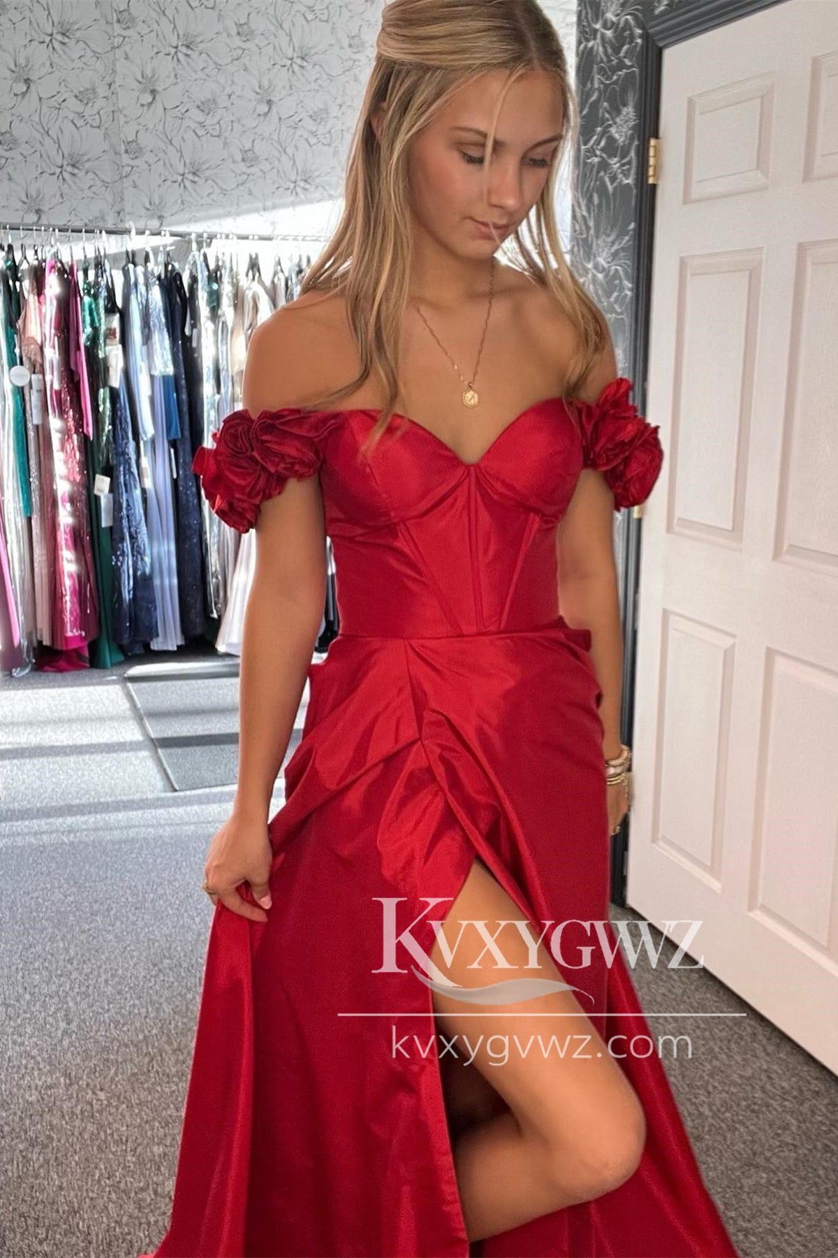 Red Floral Straps Sweetheart Evening Gown A-line Satin Long Prom Dress with Slit LF1164