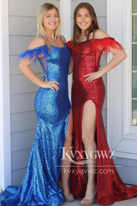 Red Sequins Off The Shoulder Evening Gown Feathers Long Prom Dress with Slit LF1165