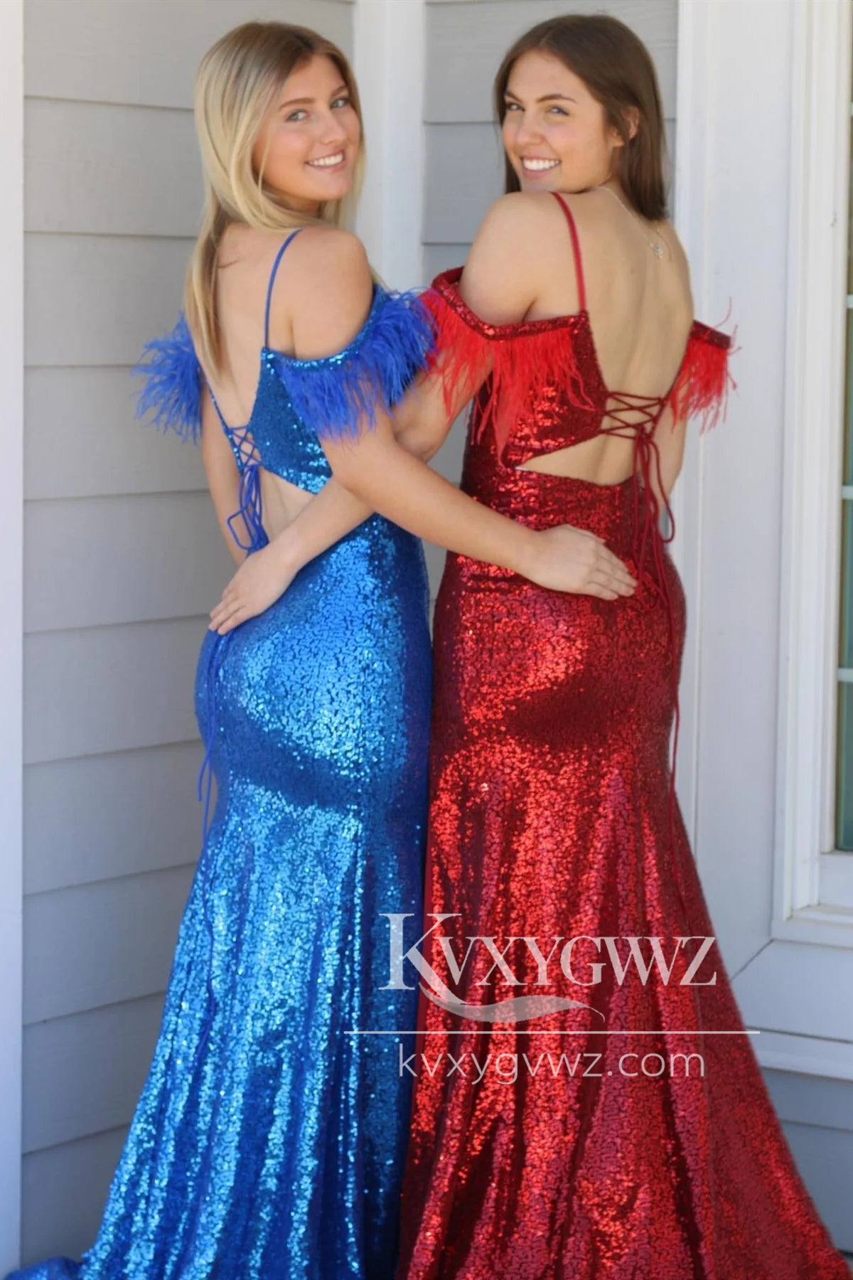 Red Sequins Off The Shoulder Evening Gown Feathers Long Prom Dress with Slit LF1165