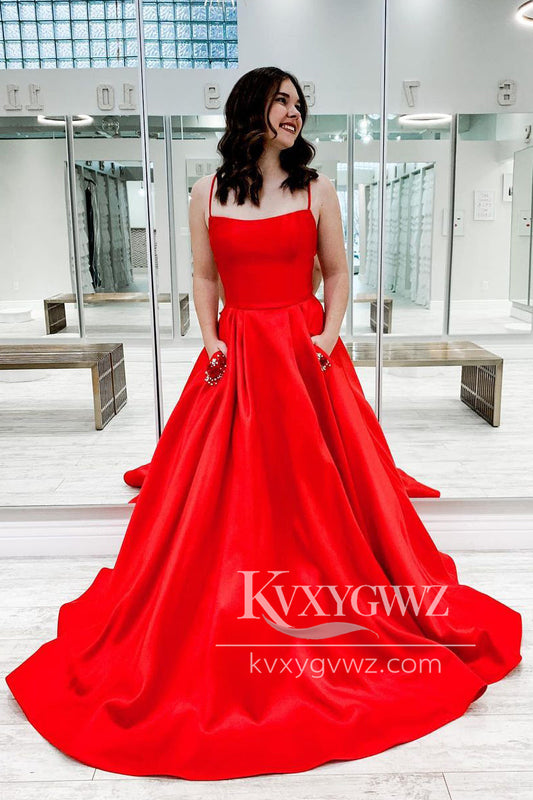 Spaghetti Strap Red Scoop Neck Satin Evening Gown A-Line Prom Dress Gown with Pockets LF1167