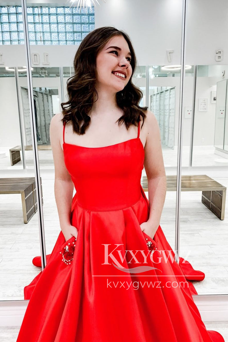 Spaghetti Strap Red Scoop Neck Satin Evening Gown A-Line Prom Dress Gown with Pockets LF1167